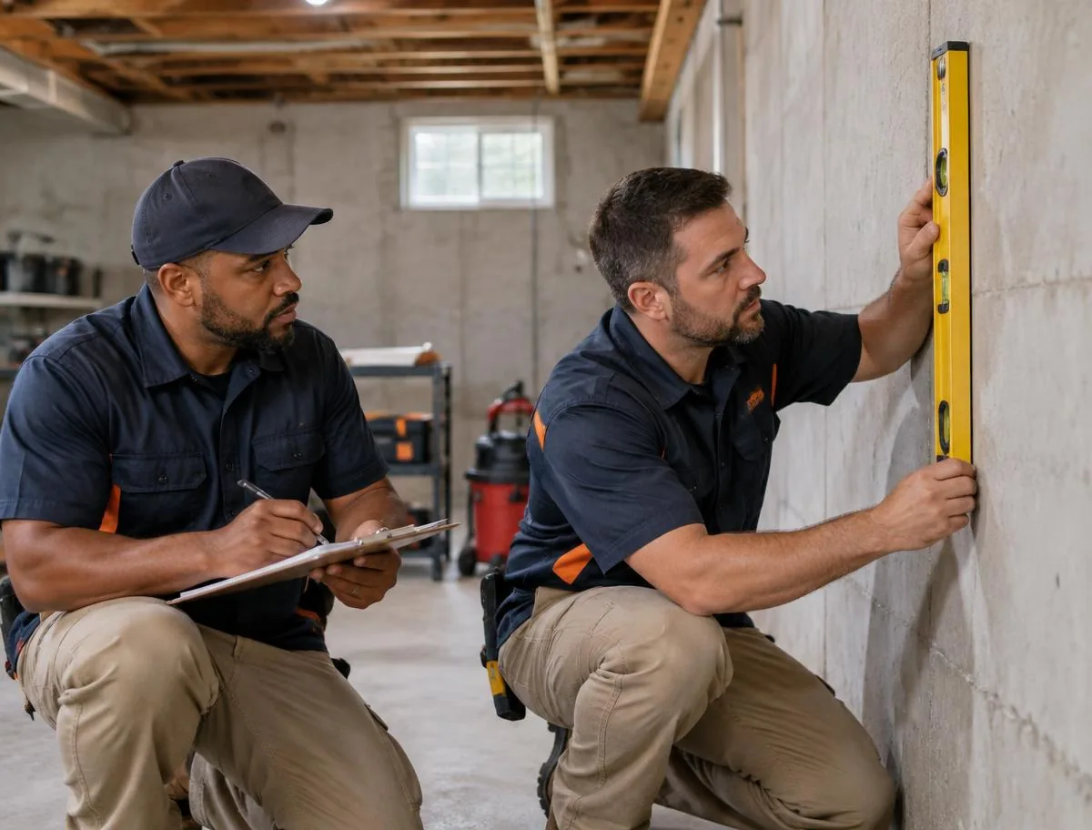 Foundation professionals measuring a basement wall during an inspection