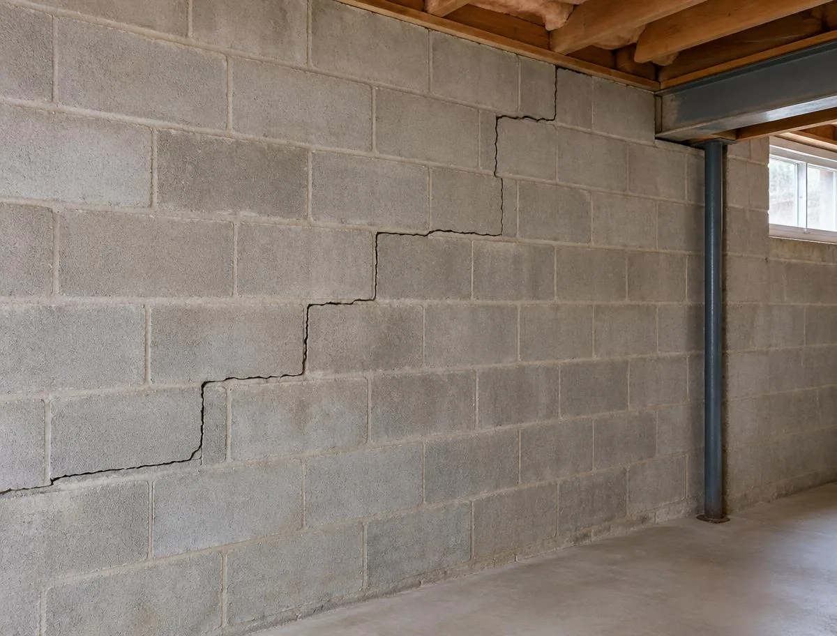 Stair-step cracks in a residential basement foundation wall