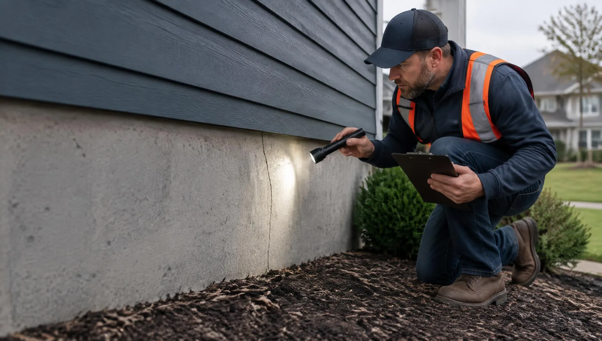 Foundation inspector examining a crack on a Kansas City home