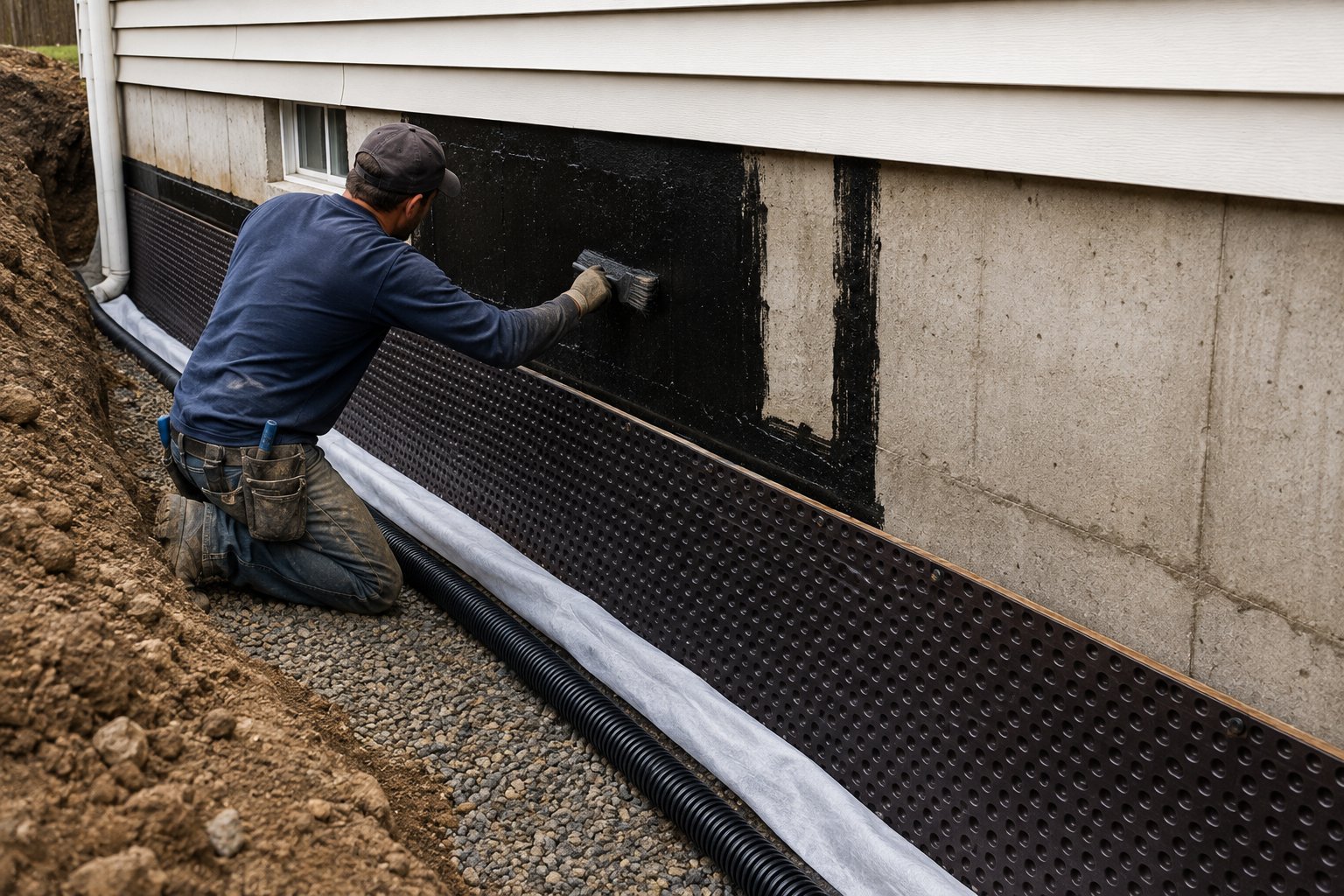 Exterior basement waterproofing membrane and drain board installation