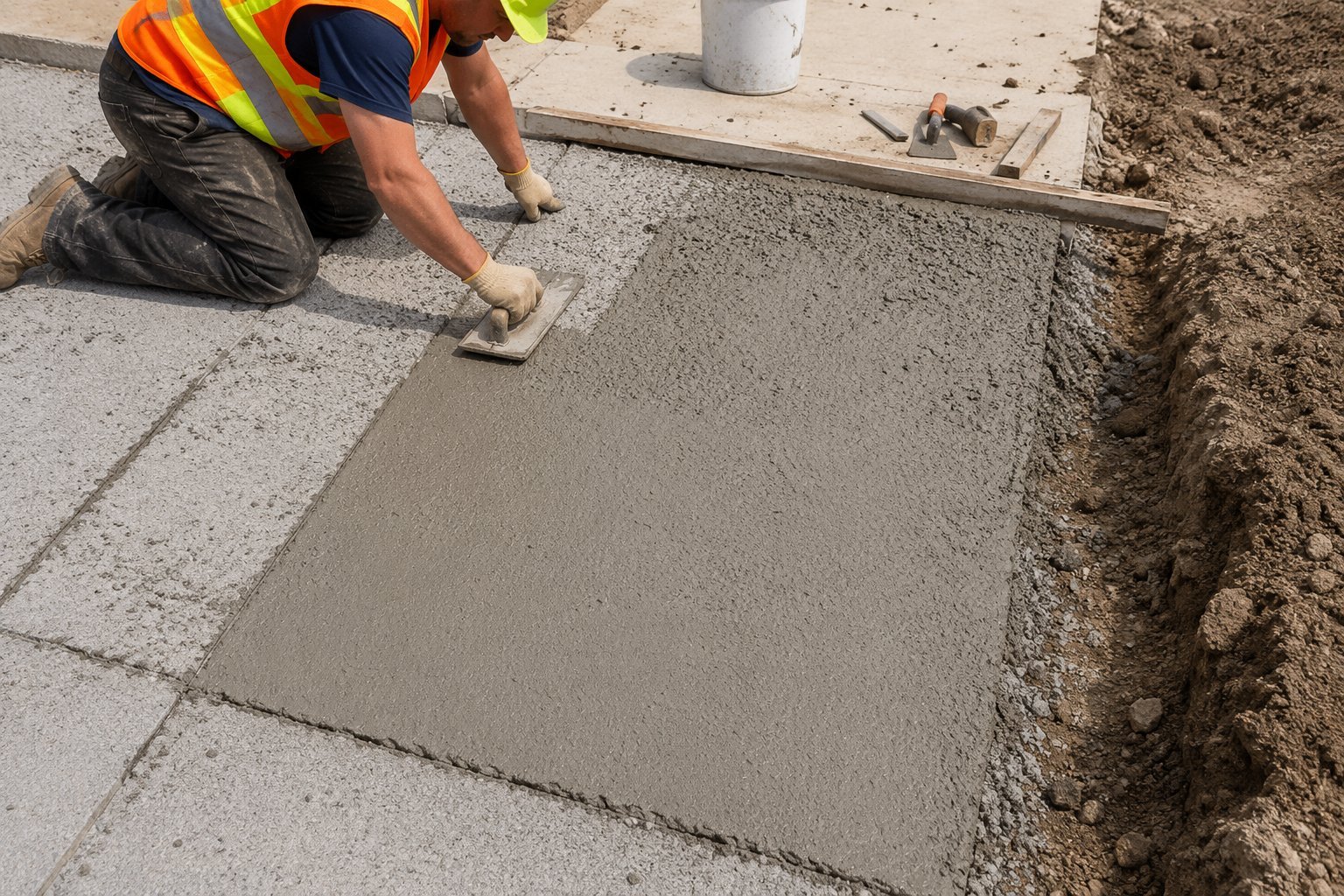 Contractor finishing a leveled concrete slab section