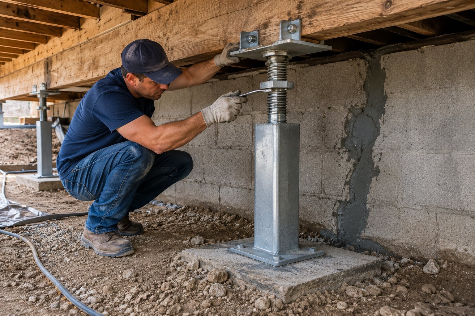 Crawl space support pier being adjusted beneath a home