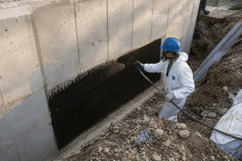 Crew applying spray waterproofing membrane to a foundation wall